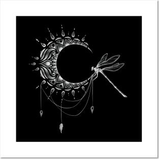 Intricate Half Crescent Moon with Dragonfly Tattoo Design Posters and Art